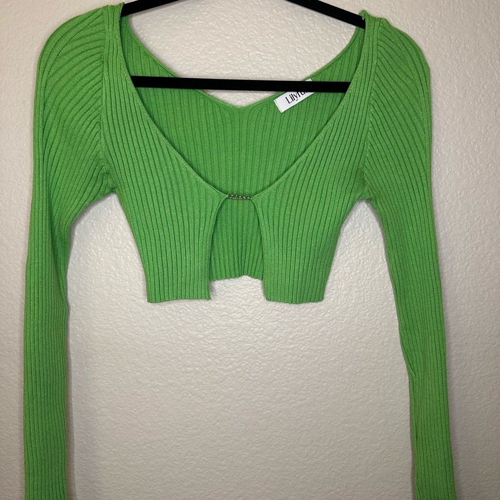 Cropped Chain Open Front Green Sweater